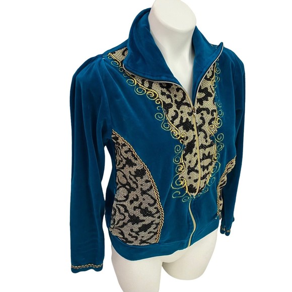 Koc & Grup womens Track Jacket Medium Velour Turquoise Blue Zip Up Mock Neck - Picture 2 of 12